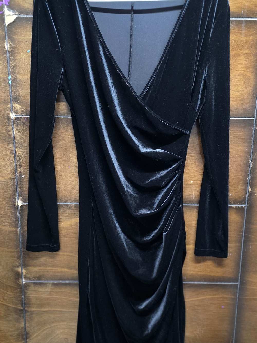 Black Velvet Draped Midi Dress with Long Sleeves M